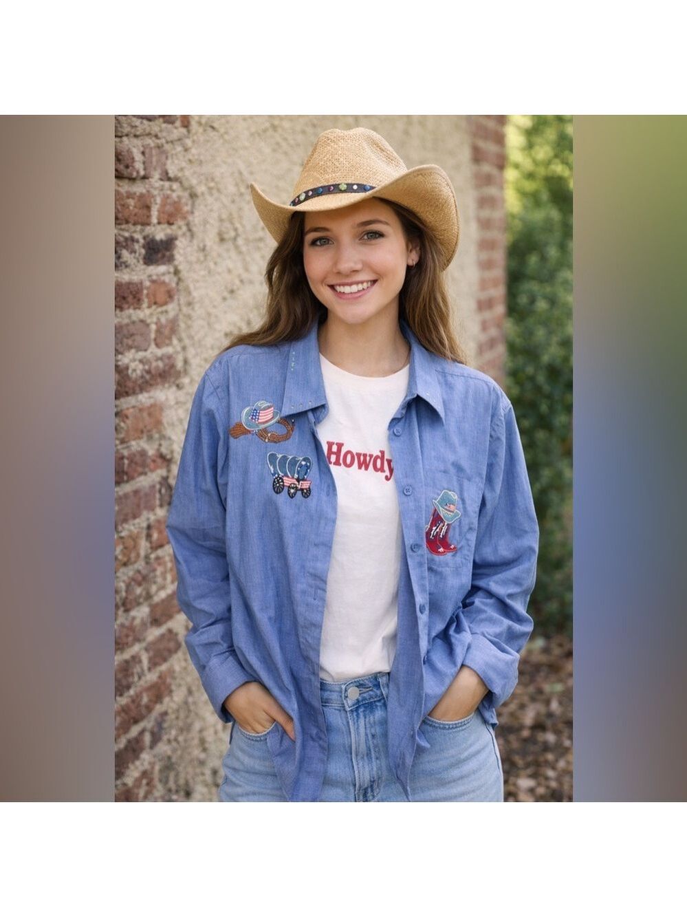 80s 90s vintage western cowboy cowgirl rodeo patriotic blouse shirt set